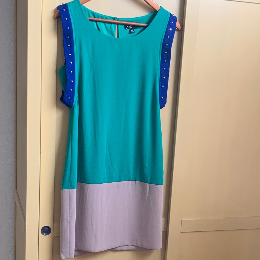 C. Luce green, tan and cobalt Midi Dress S